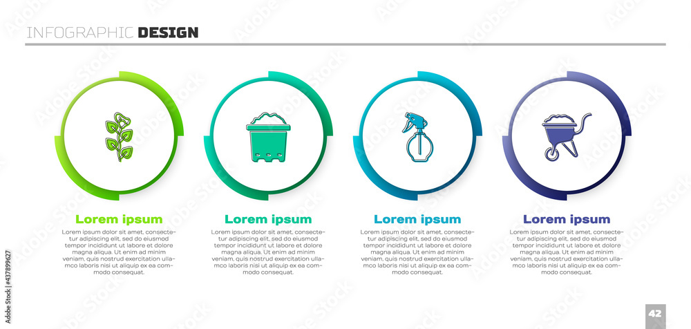 设置常春藤树枝、泥土盆、喷水瓶和手推车污垢。商业信息图模板