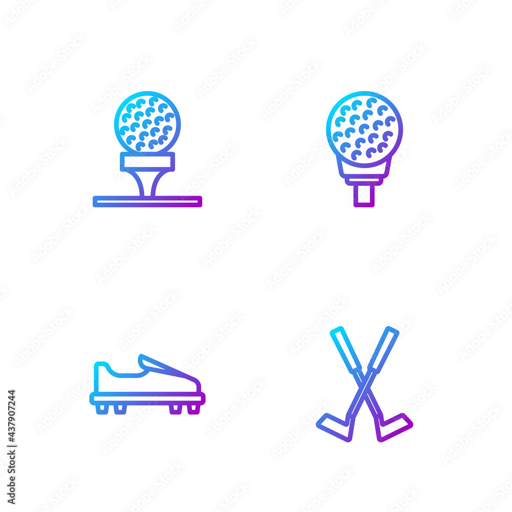 Set line Crossed golf club, Golf shoe, ball on tee and . Gradient color icons. Vector