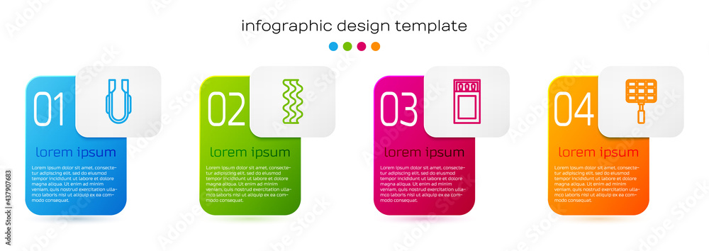 Set line Meat tongs, Bacon stripe, Matchbox and matches and Barbecue steel grid. Business infographi