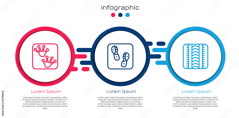 设定青蛙爪足迹、人类足迹鞋和轮胎轨迹。商业信息图模板.V