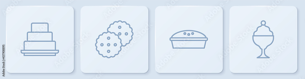 Set line Cake, Homemade pie, Cookie or biscuit and Ice cream in bowl. White square button. Vector