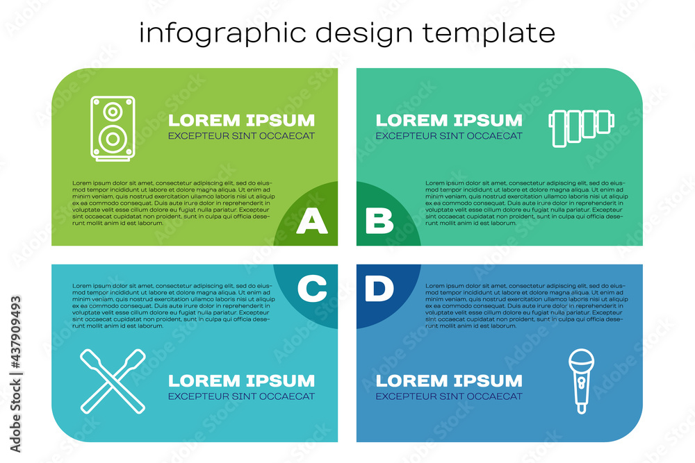 Set line Drum sticks, Stereo speaker, Microphone and Pan flute. Business infographic template. Vecto