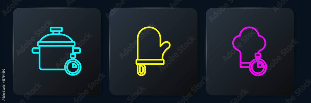 Set line Cooking pot, Chef hat and Oven glove. Black square button. Vector