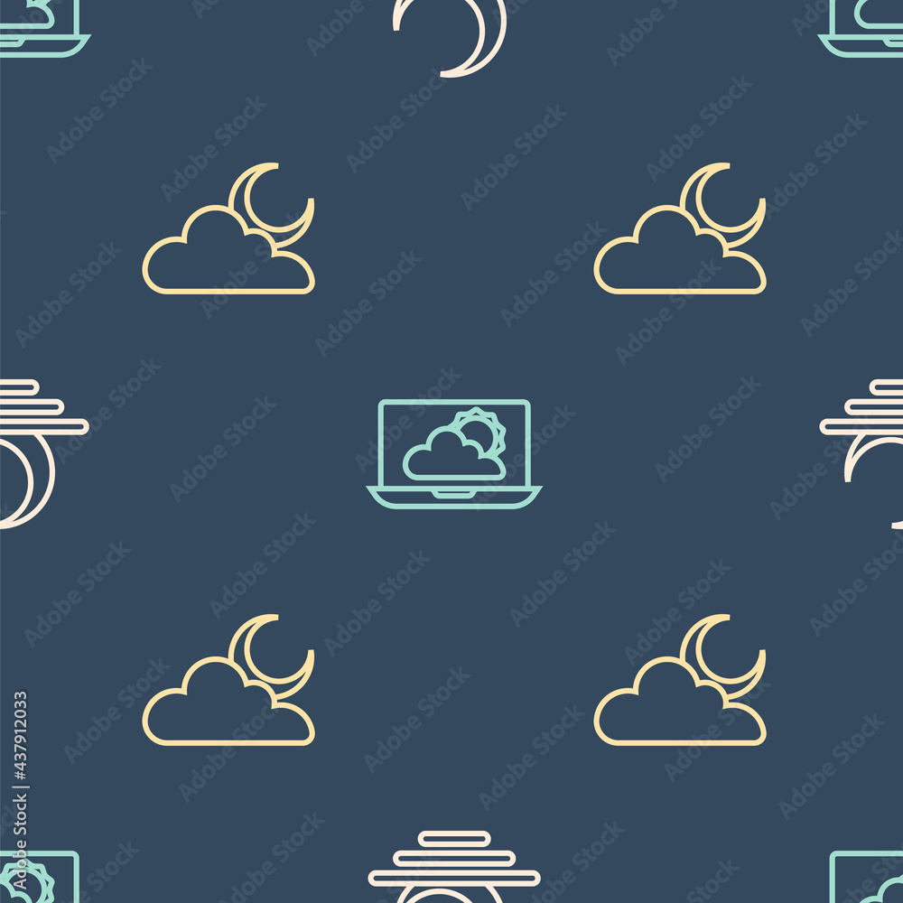 Set line Sunset, Cloud with moon and Weather forecast on seamless pattern. Vector