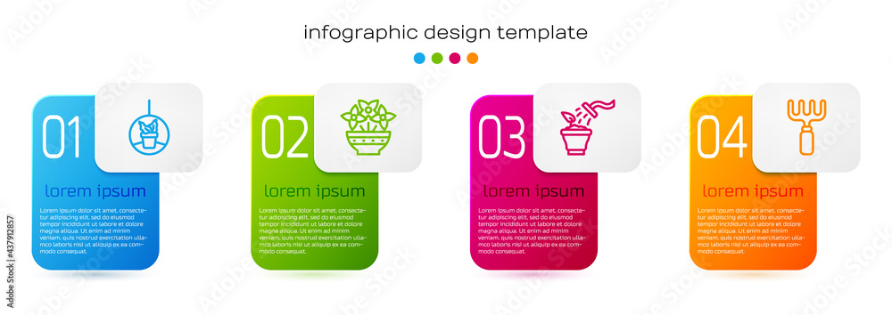 Set line Plant in hanging pot, Flower vase, Spraying plant and Garden rake. Business infographic tem