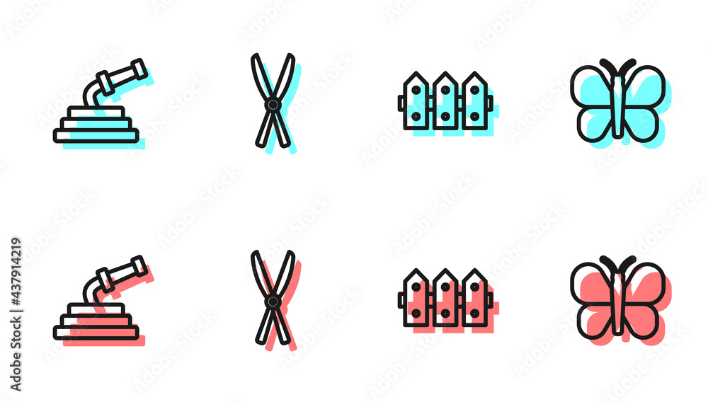 设置线花园围栏木制、软管、园艺手工剪刀和蝴蝶图标。矢量