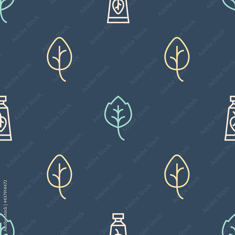 Set line Organic cosmetic, Leaf or leaves and on seamless pattern. Vector