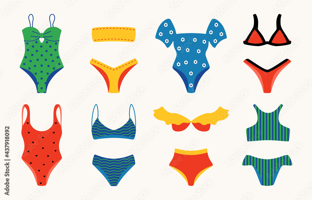 Cartoon swimsuit. Lingerie and bikini underwear doodle elements, beach beauty brassiere, elegant han