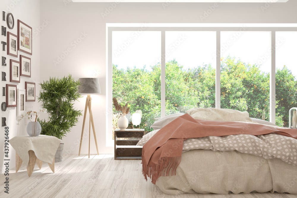 White bedroom interior. Scandinavian design. 3D illustration