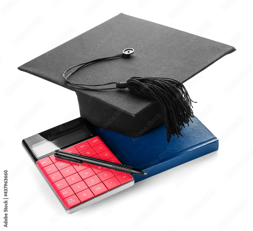 Graduation hat with calculator on white background