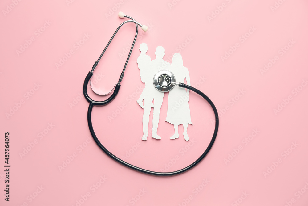 Family figures with stethoscope on color background