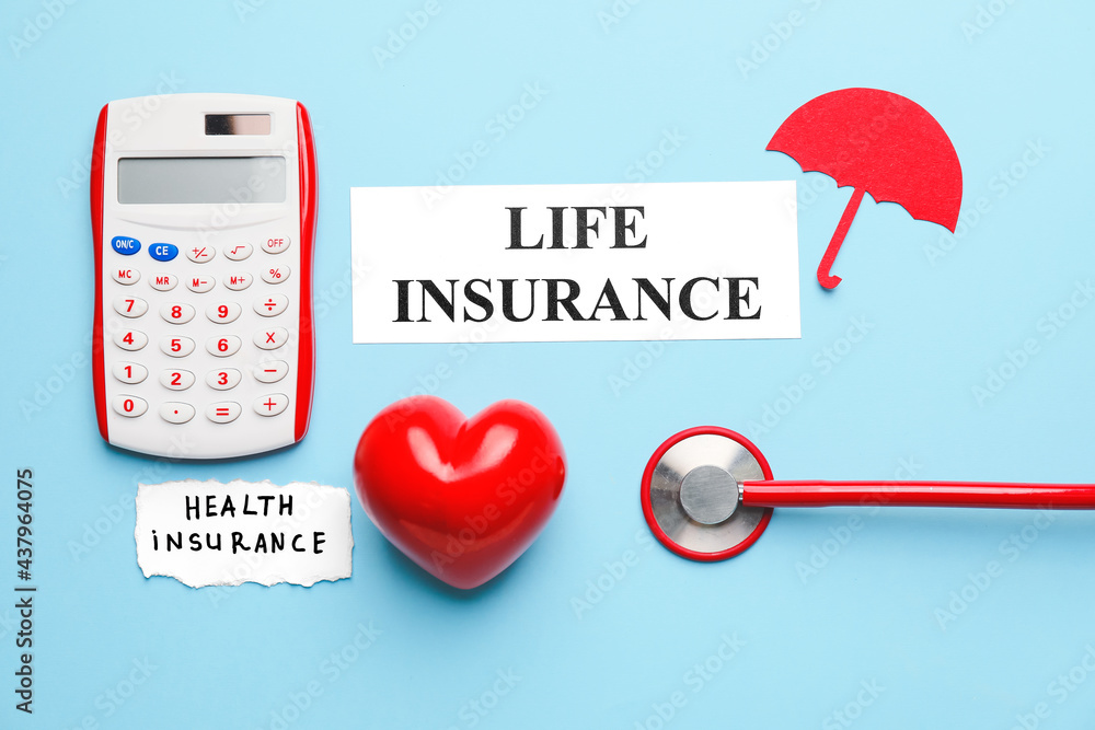 Composition with text LIFE INSURANCE on color background