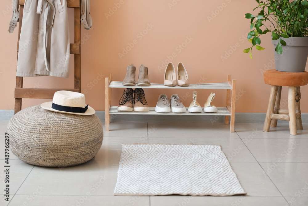 Interior of stylish hallway with rug