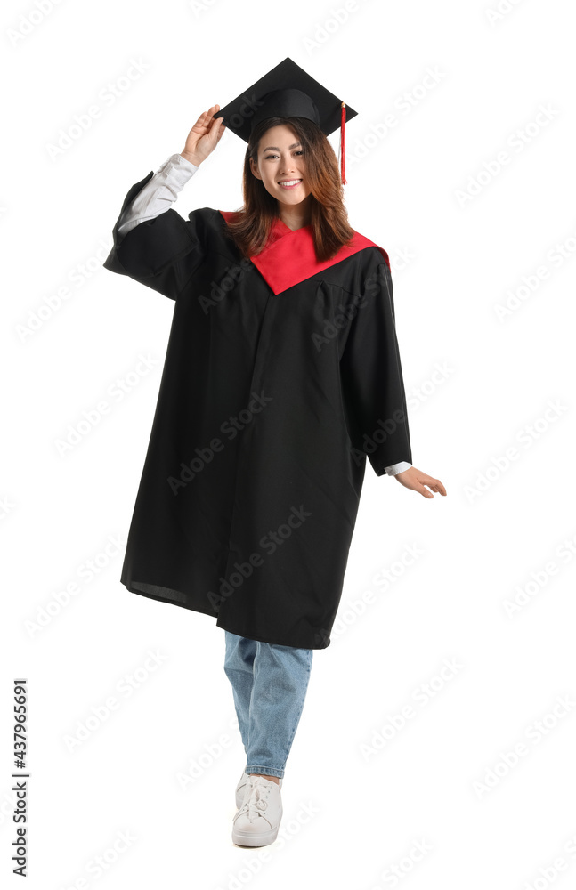 Female graduating student on white background