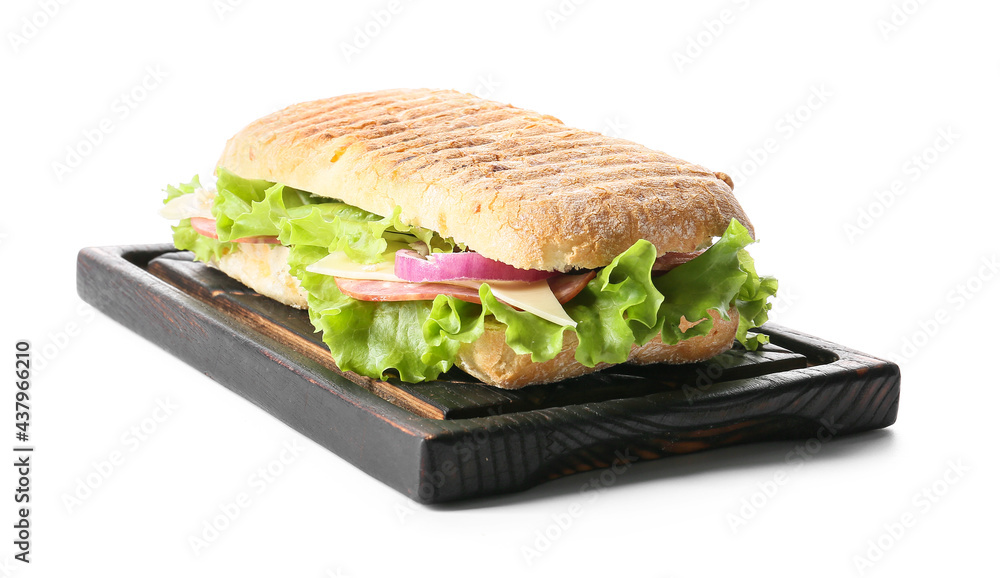 Board with tasty ciabatta sandwich on white background