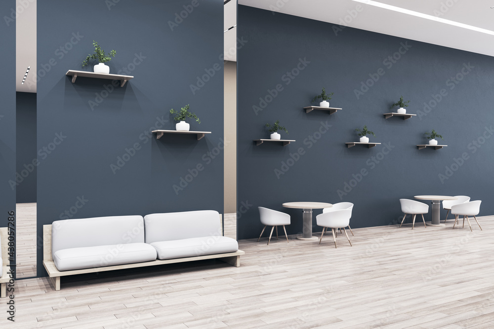 Contemporary art deco cafeteria interior with wooden floor, furniture and decorative plants. 3D Rend