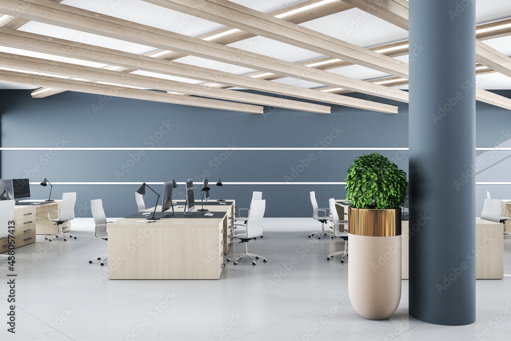 Modern coworking office interior with daylight and furniture. 3D Rendering.