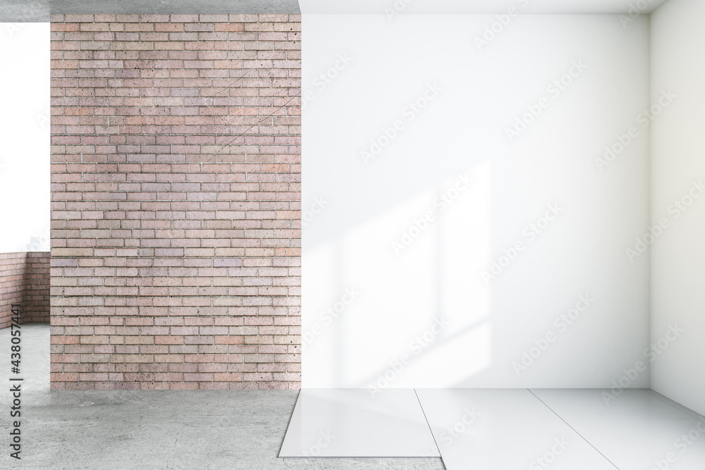 Blank white wall in sunny renovated room apartment and red brick wall on the left. 3D rendering, moc