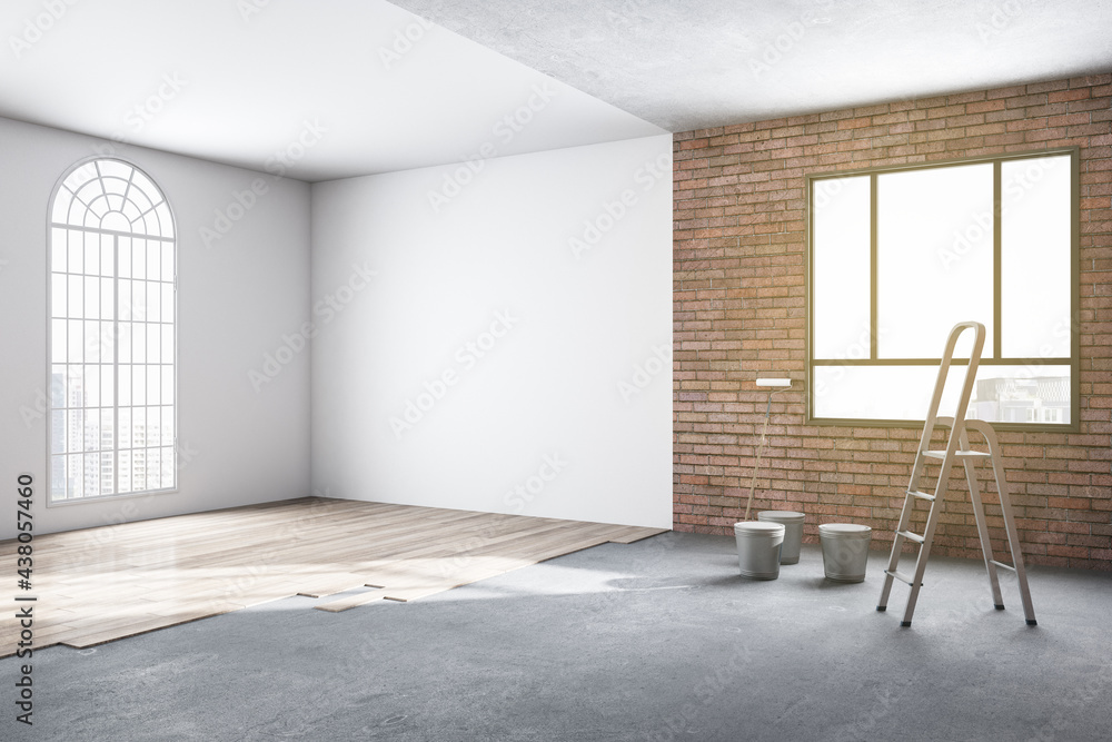 Side view of unfinished bright room interior repairs in apartment with window, brick walls, wooden f