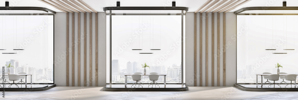 Modern conference office room interior with glass partitions, window with city view and daylight Pan