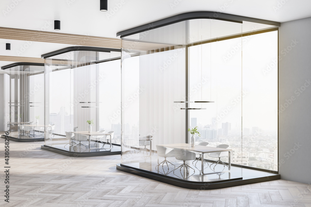 Light conference office room interior with glass partitions, window with city view and daylight. 3D 