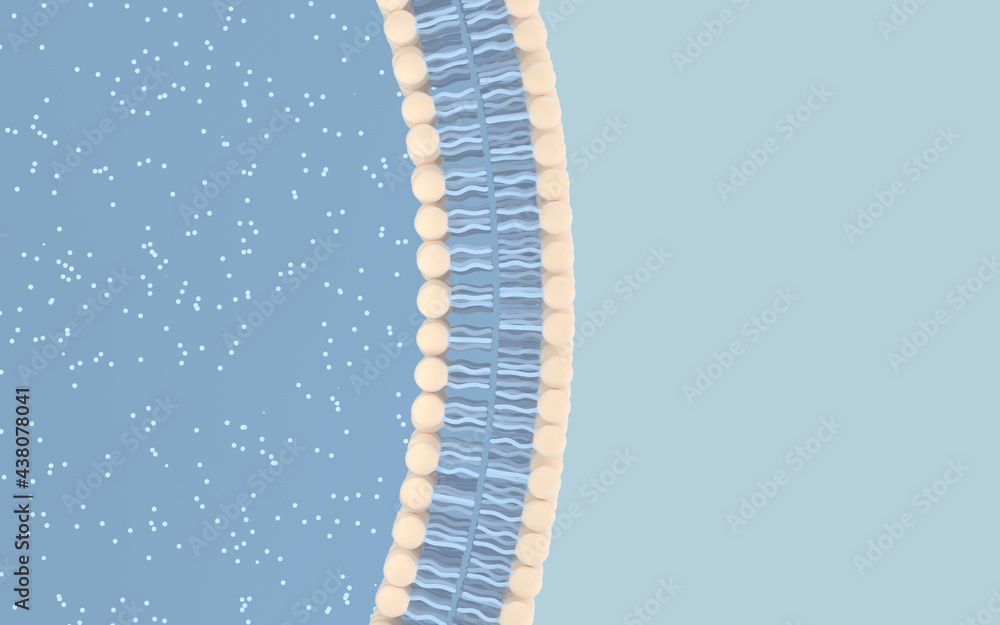 蓝色背景的细胞膜，三维渲染。