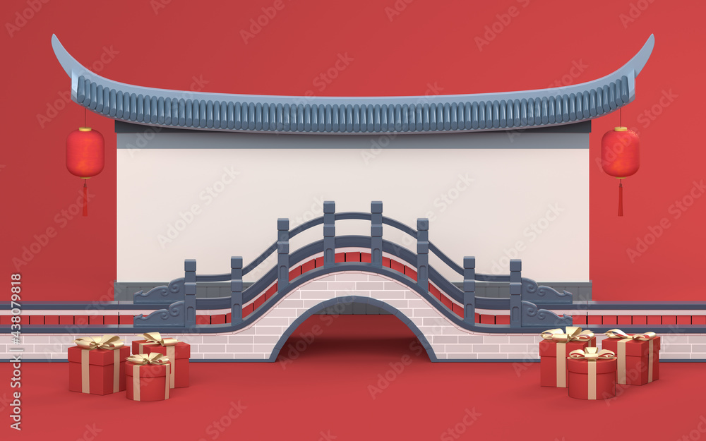 Chinese style bridge with red background, 3d rendering