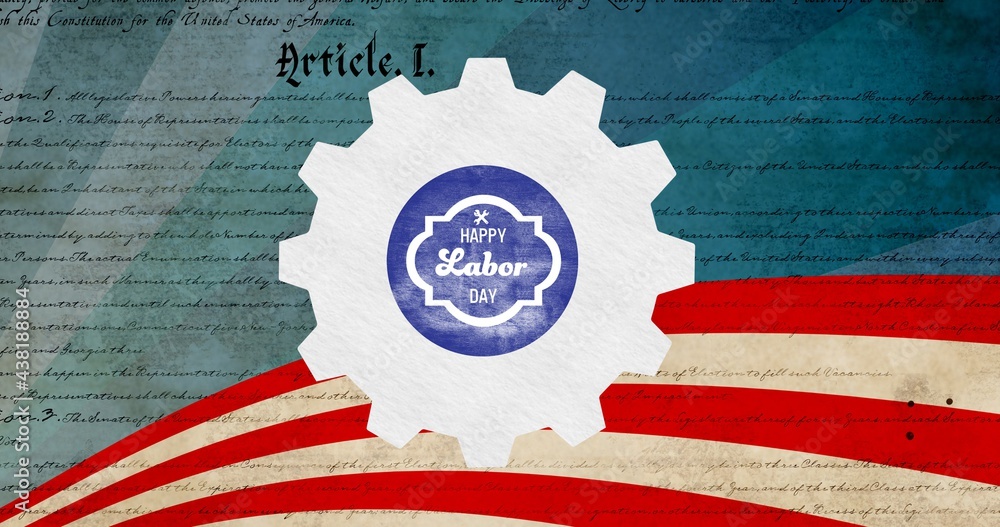 Happy labor day text over setting icon against american constitution text in background