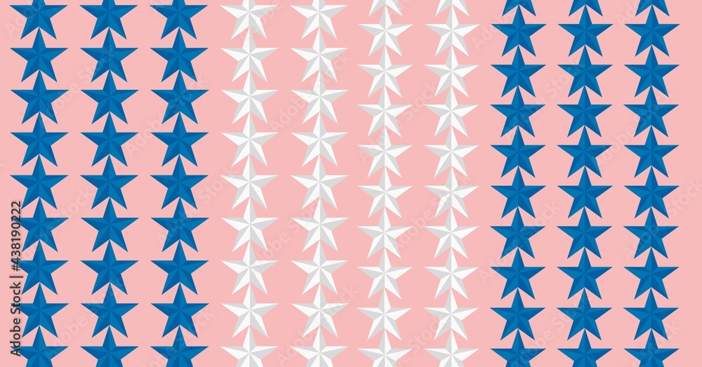 Composition of white and blue stars in vertical stripes filling pink background