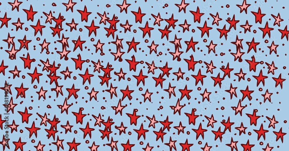 Composition of hand drawn red and pink stars filling blue background