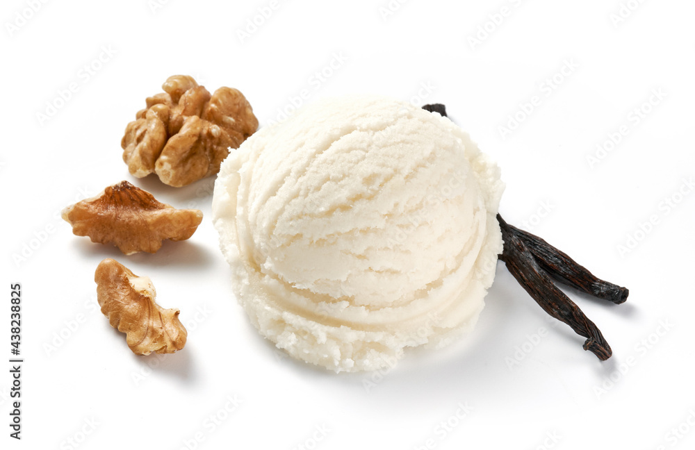 Scoop of vanilla ice cream with walnuts on white background. Ice cream with vanilla isolated. Ice cr