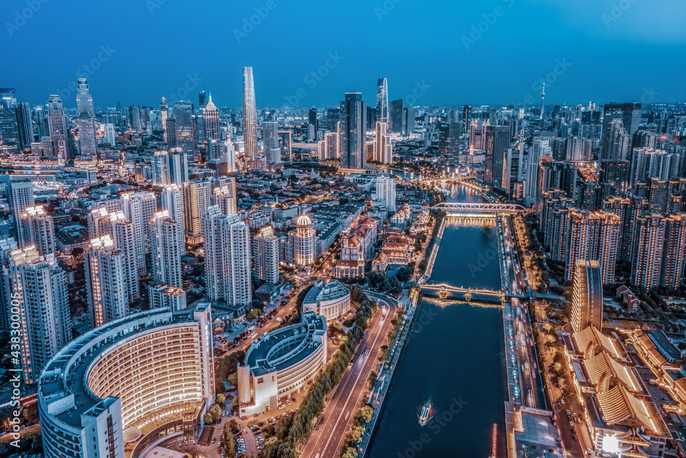 天津城市建筑天际线夜景航拍