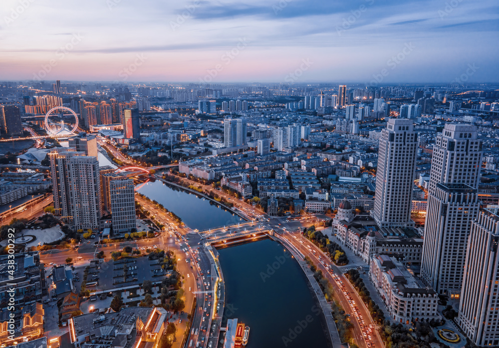 天津城市建筑天际线夜景航拍