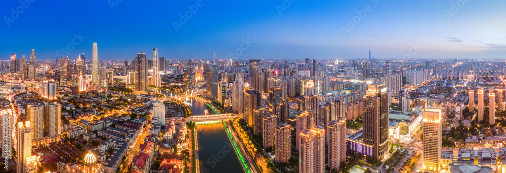 天津城市建筑天际线夜景航拍