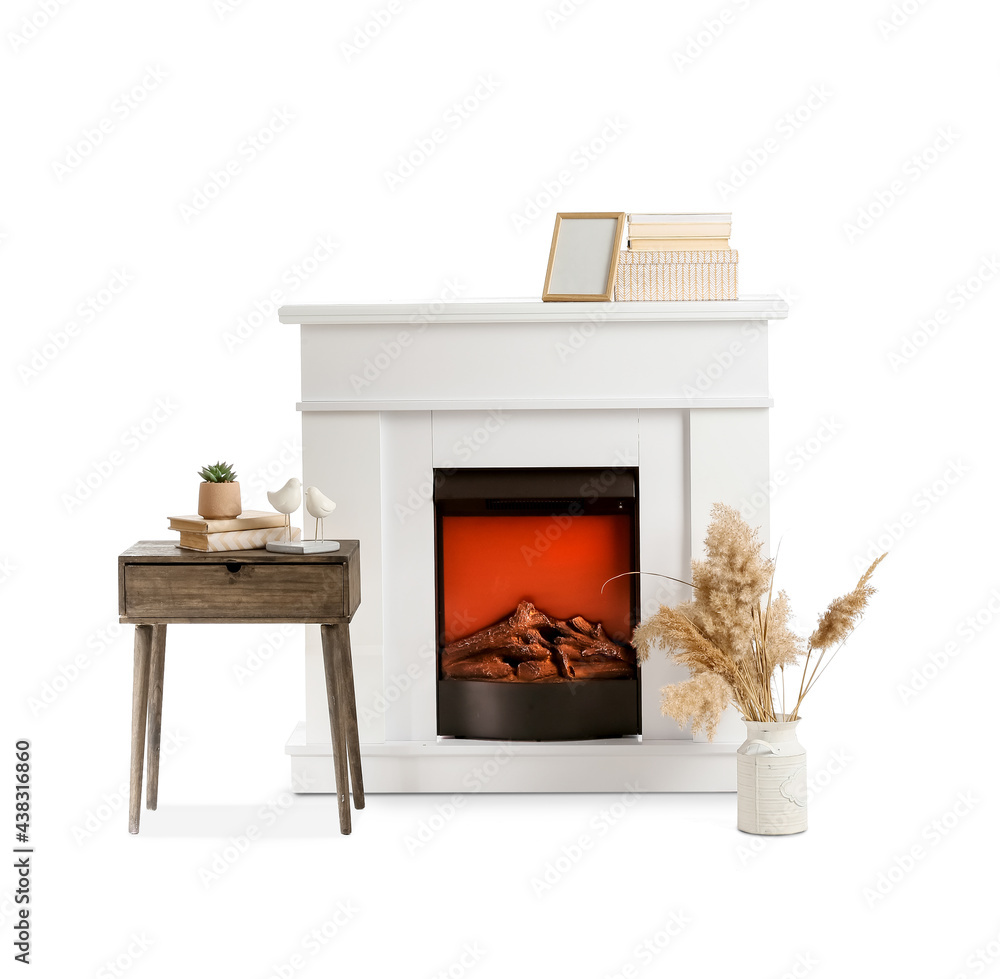 Stylish fireplace on white background