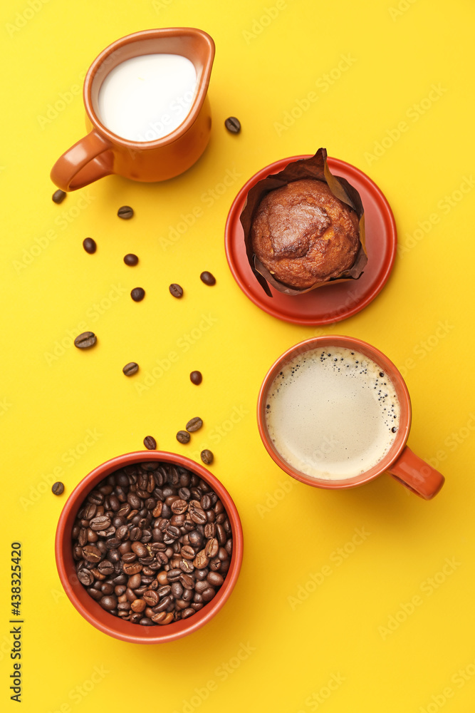 Composition with cup of coffee and muffin on color background