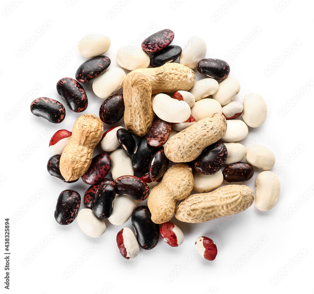 Heap of different legumes on white background