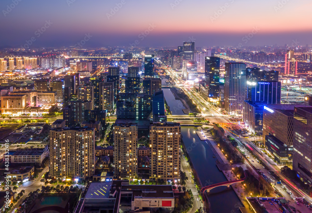 浙江宁波城市建筑天际线夜景航拍