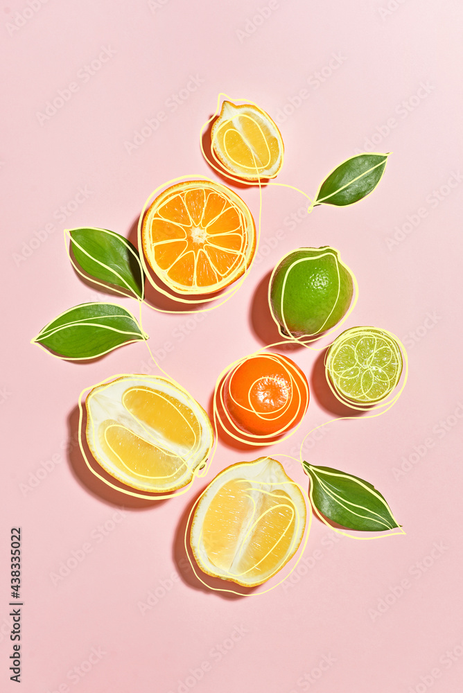 Fresh citrus fruits on color background