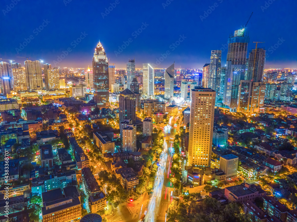 天津城市建筑天际线夜景航拍