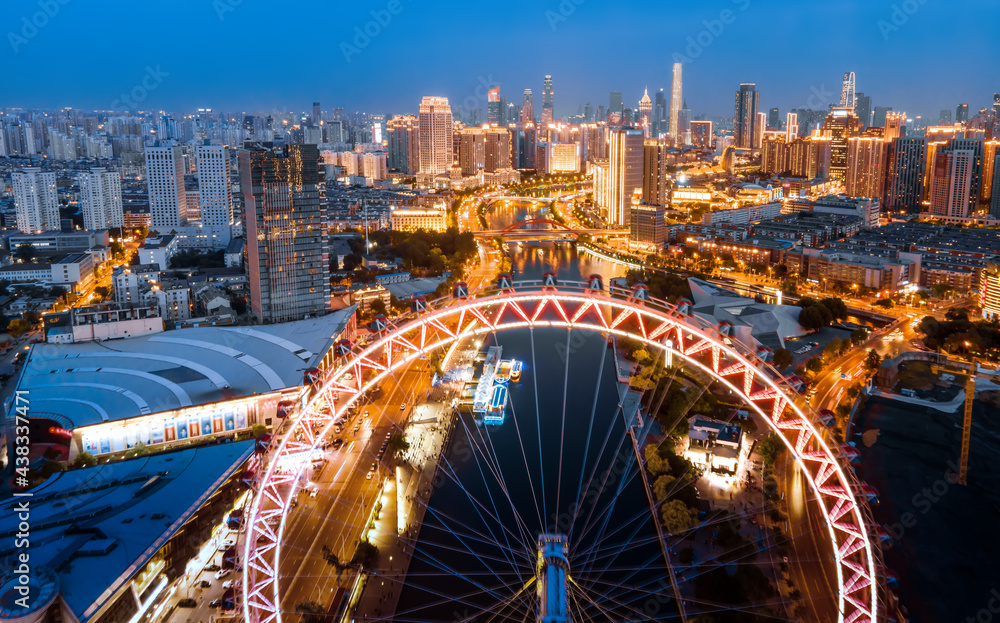 天津城市建筑天际线夜景航拍