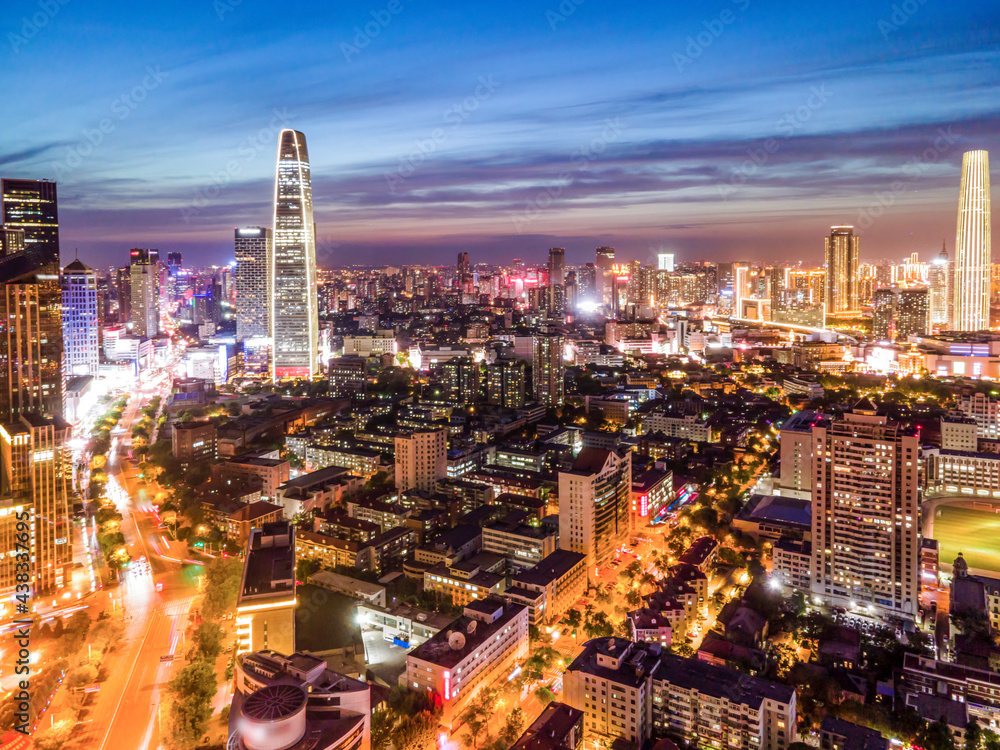 天津城市建筑天际线夜景航拍