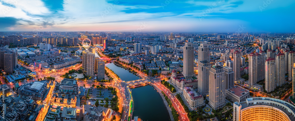 天津城市建筑天际线夜景航拍