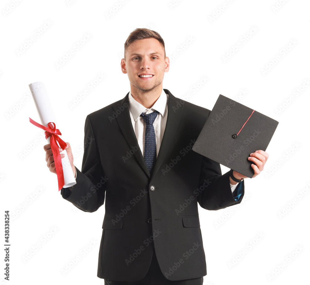 Male graduating student on white background