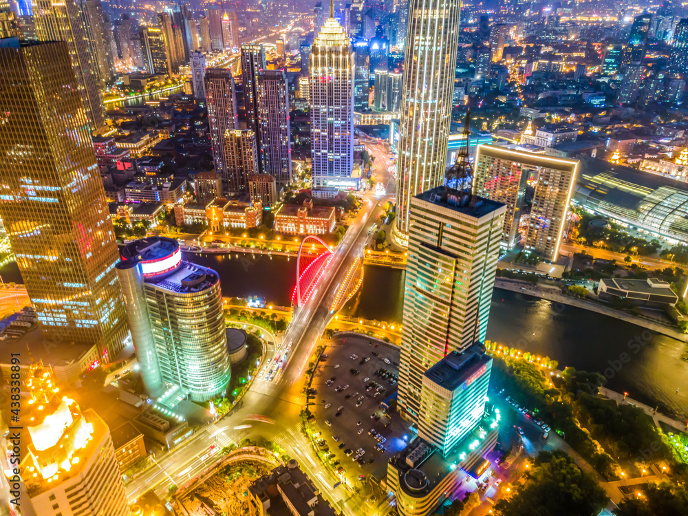 Aerial photography of Tianjin city building skyline night view