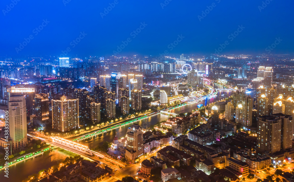 天津城市建筑天际线夜景航拍