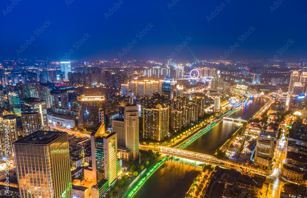 Aerial photography of Tianjin city building skyline night view