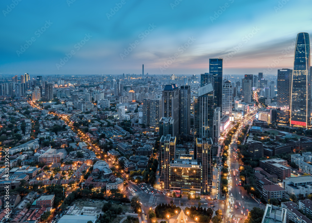 Aerial photography of Tianjin city building skyline night view