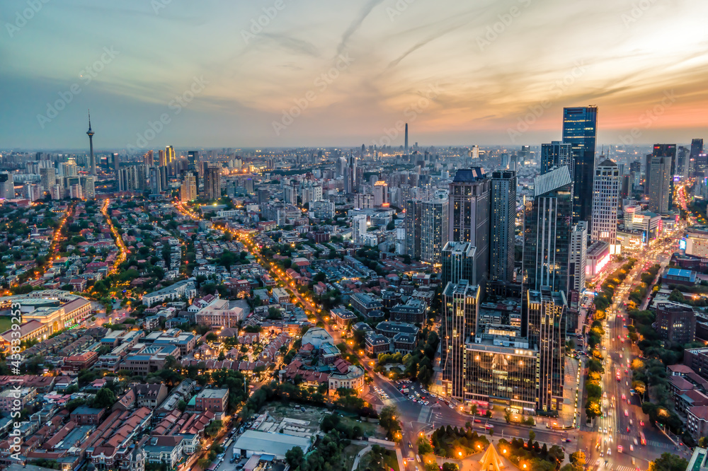 天津城市建筑天际线夜景航拍