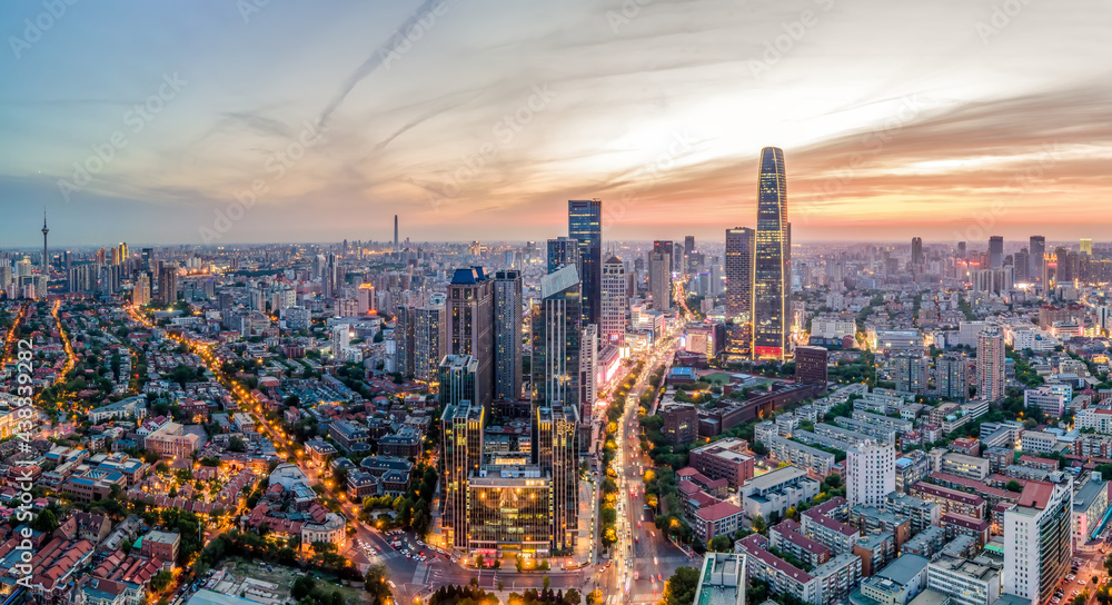 天津城市建筑天际线夜景航拍